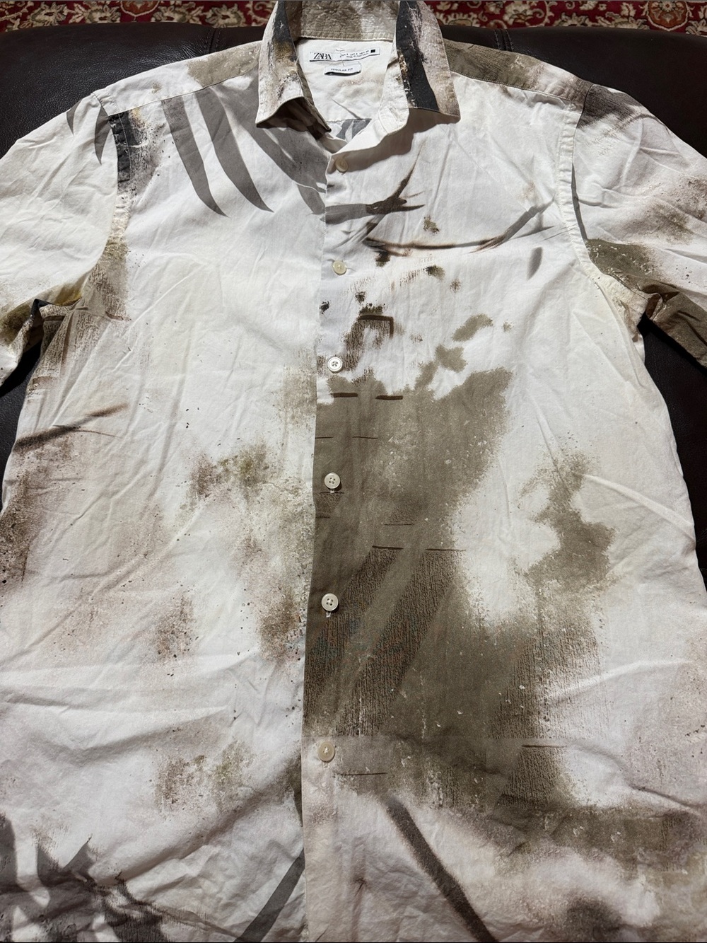 ZARA White Button-Down Shirt with Brown Abstract Brush Print